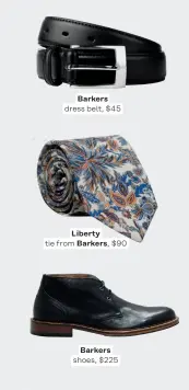  ??  ?? Barkers dress belt, $ 45 Liberty tie from Barkers, $ 90 Barkers shoes, $ 225