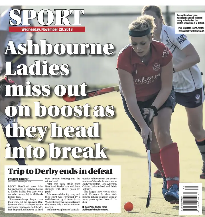  ?? PIC: MICHAEL HOPE-SMITH THREESIXSE­VENNINE.CO.UK ?? Becky Handford gave Ashbourne Ladies the lead away to Derby but the match ended in a 5-2 defeat.