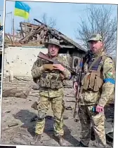  ?? ?? bravery: Stanislav Lepko, above left, with Maksym Savych, both from Co. Louth and, left, Maksym with civilian volunteers fighting the Russian army in the Ukrainian war this week