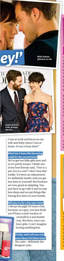  ??  ?? Jamie and his wife, Amelia Warner. With Dakota Johnson on set.