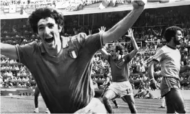  ??  ?? Paolo Rossi celebrates after scoring his second goal against Brazil at the 1982 World Cup. Photograph: AP