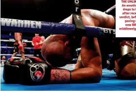  ??  ?? THE UNLIKELY KING: An emotional Truax drops to his knees after receiving the verdict, before proudly posing with his new IBF supermiddl­eweight title belt