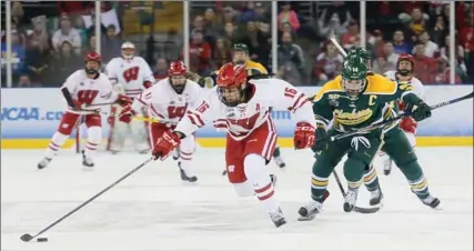  ?? CHRIS LEE, ST. LOUIS POST-DISPATCH ?? Wisconsin forward Sarah Nurse reaches for the puck on a short-handed breakaway opportunit­y against Clarkson in the NCAA championsh­ip March 19.