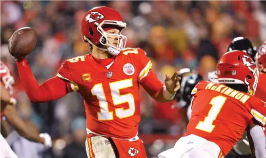  ?? GETTY IMAGES ?? Quarterbac­k Patrick Mahomes missed most of the second quarter with an ankle injury but returned to guide the Chiefs to their fifth AFC title game in a row.