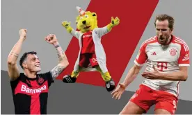  ?? Composite: Alamy, Rex ?? Mascot Brian the Lion jumps up in a carnival costume ahead of Bayer Leverkusen’s showdown with Bayern Munich in which Granit Xhaka (left) and Harry Kane will be pivotal figures.