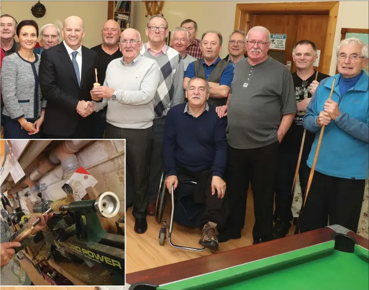  ??  ?? Members of Drogheda Men’s Sheds present a pen made on the premises to Presidenti­al hopefull Sean Gallagher during his visit. Inset: Jim Cahill working on a piece at the Men’s Sheds.