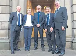  ??  ?? Rural Economy Secretary, Fergus Ewing, right, with the four agricultur­e champions. These are, from left, Archie Gibson, Marion MacCormick, Henry Graham and John Kinnaird.