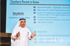  ?? Clint Egbert/Gulf News ?? Dr Naji Al Mahdi speaks at the Internatio­nal and Private Schools Education Forum Middle East 2018 yesterday.
