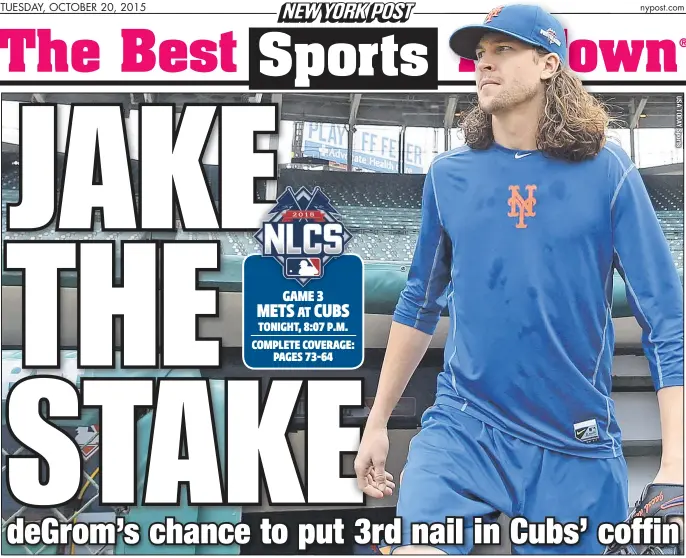  ??  ?? Jacob deGrom looks out at Wrigley Field, where he and the Mets will battle Kyle Hendricks and the Cubs in Game 3 of the NLCS Tuesday night.