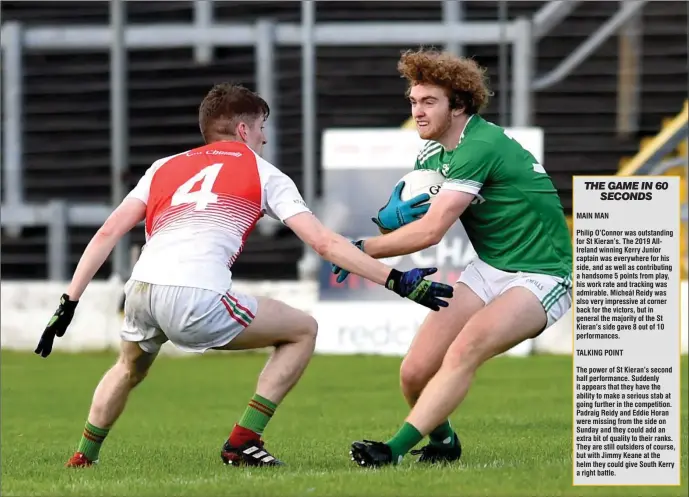  ?? Photo by Michelle Cooper Galvin ?? Paul Walsh, St Kieran’s, slips the challenge of Oscar O’Connor, Kilcummin, in the Garvey’s SuperValu County SFC Round 3 at Fitzgerald Stadium, Killarney on Sunday.