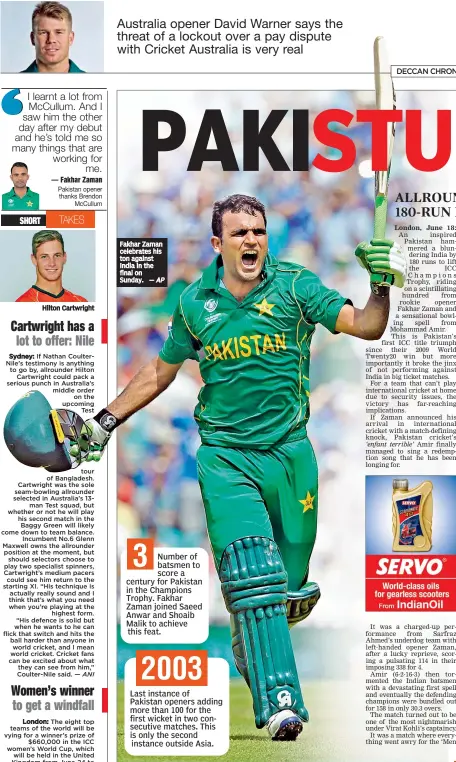  ?? — AP ?? Fakhar Zaman celebrates his ton against India in the final on Sunday.