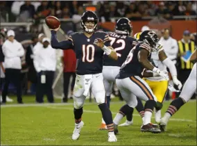  ?? CHARLES REX ARBOGAST - THE ASSOCIATED PRESS ?? Chicago Bears’ Mitchell Trubisky throws during the second half of an NFL football game against the Green Bay Packers Thursday, Sept. 5, 2019, in Chicago.