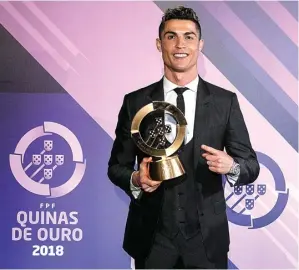  ?? FPF/EPA-EFE ?? HAT-TRICK: Cristiano Ronaldo memamerkan trofi pemain terbaik Portugal dalam Quinas de Ouro di Pavilhao Carlos Lopes, Lisbon, kemarin WIB (20/3).