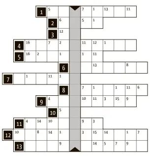  ??  ?? In deze quizpuzzel wordt op elke regel een woord ingevuld, waardoor de letters op de verticale gekleurde kolom een ander woord vormen. In de vakjes met gelijke nummers komen gelijke letters.