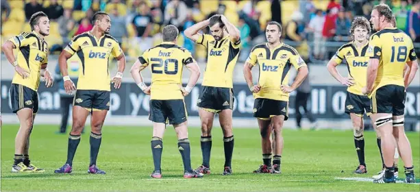  ?? Photo: ANDREW GORRIE/FAIRFAX NZ ?? Not quite: The Hurricanes reflect on what might have been after their 19-17 loss to the Highlander­s at Westpac Stadium on Saturday night. The focus is now on the clash with the Blues on Friday.