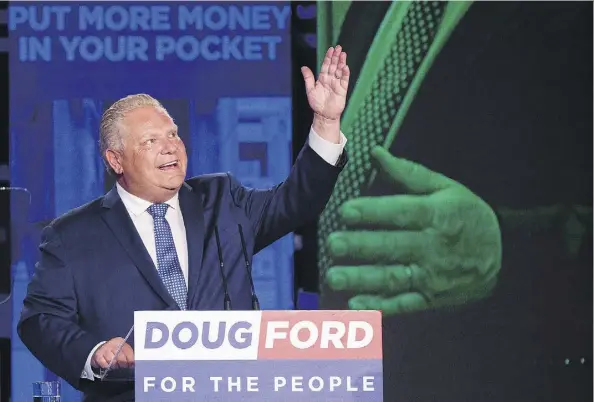  ?? NATHAN DENETTE/THE CANADIAN PRESS ?? Doug Ford won the Ontario election last Thursday because Ontario has lost its way and has been run by leaders who behave like trust fund kids and spend tax dollars with abandon and hand taxpayers the tab, writes Diane Francis.