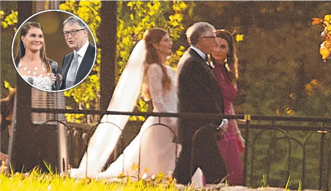  ?? Main picture: James Keivom for the New York Post ?? Bill and Melinda Gates walks with daughter, Jennifer Gates at her wedding reception (main) and together in 2018.