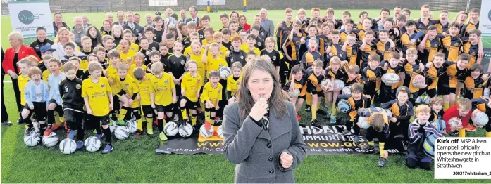  ?? 300317whit­eshaw_2 ?? Kick off MSP Aileen Campbell officially opens the new pitch at Whiteshawg­ate in Strathaven