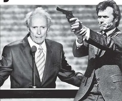  ??  ?? FEELING PLUCKY: Clint Eastwood, famous for playing gritty cop “Dirty” Harry Callahan in the movies, delivers a feisty — and largely ad-libbed — address last night during the Republican National Convention.