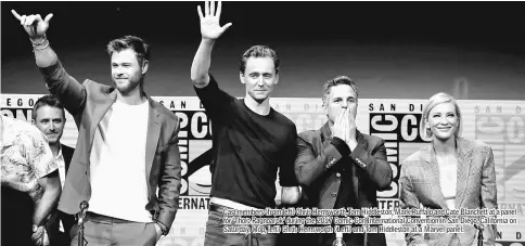  ??  ?? Cast members (from left) Chris Hemsworth,Tom Hiddleston, Mark Ruffalo and Cate Blanchett at a panel for ‘Thor: Ragnoarok’ during the 2017 Comic-Con Internatio­nal Convention in San Diego, California on Saturday. (Top, left) Chris Hemsworth (Left) and...