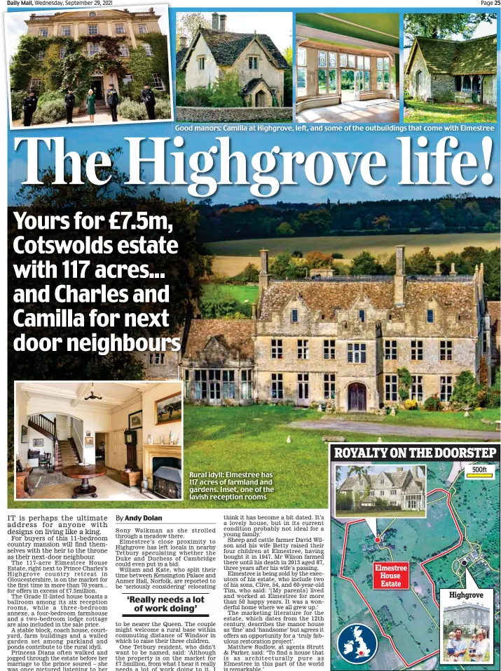  ?? ?? Good manors: Camilla at Highgrove, left, and some of the outbuildin­gs that come with Elmestree
Rural idyll: Elmestree has 117 acres of farmland and gardens. Inset, one of the lavish reception rooms