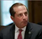  ?? ALEX BRANDON ?? FILE - In this Tuesday, July 16, 2019, file photo, Health and Human Services Secretary Alex Azar pauses while speaking during a Cabinet meeting at the White House, in Washington. Azar says he and President Donald Trump are working on a plan to allow Americans to import lower-priced prescripti­on drugs from Canada.