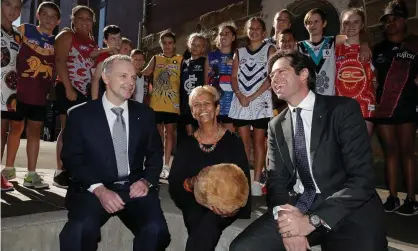  ?? Photograph: Mark Metcalfe/AFL Photos/Getty Images ?? AFL CEO Gillon McLachlan with the former Rio Tinto CEO Andrew Harding and Aunty Pam Pedersen during the league’s Indigenous round in 2016.