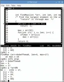  ??  ?? The GDB TUI listing of max.c at the start of findmax(). Note the breakpoint on the left of the highlighte­d line.