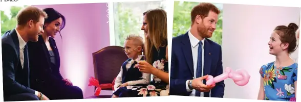  ??  ?? Fun with balloons: Harry and Meghan meet Mckenzie Brackley, four, and his mother Amy. Right: Harry with Poppy Slater, 1