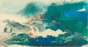  ??  ?? Water and Sky Gazing After Rain, a large-format splashed color painting by Zhang Daqian. The work, a typical one representi­ng Zhang’s style and his technique of splashing paint and ink, was acquired by the Chew couple immediatel­y after Zhang completed...