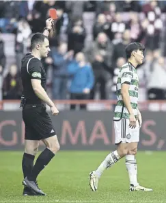  ?? ?? Main, Lawrence Shankland celebrates doubling Hearts’ advantage. Above, Celtic’s Yang Hyun-jun is shown a red card after a VAR check. Right, Jorge Grant scores Hearts’ opener from the penalty spot