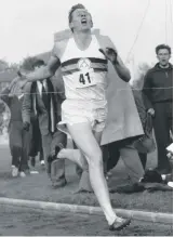  ?? AP ?? Roger Bannister hits the tape to break the four-minute mile in Oxford on May 6, 1954
