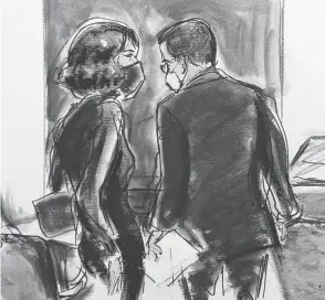  ?? ELIZABETH WILLIAMS VIA AP ?? In this sketch, Ghislaine Maxwell, left, speaks to her defense attorney Christian Everdell on Tuesday in New York.