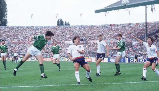  ??  ?? Ray Houghton puts the ball in the English net and cements his own place in the annals of Irish sporting history