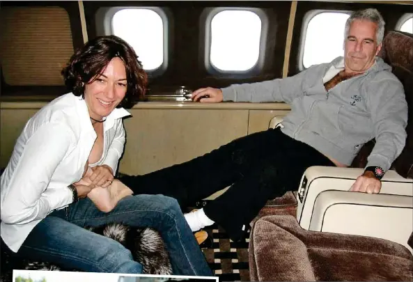  ?? ?? MASSAGE: Ghislaine with Epstein on the ‘Lolita Express’ plane. She swapped one monster, above, for another after her father, left, died in 1991