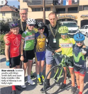  ??  ?? Star- struck Scottish youths with Brian Smith ( left) and Sean Kelly ( middle). Ollie Kelly of Alloway is on Kelly’s right