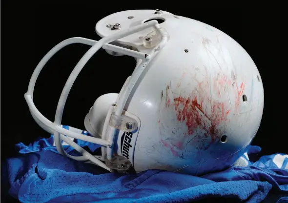  ?? ?? The scars on Callaghan’s helmet were a source of pride — now, they’re a painful reminder.