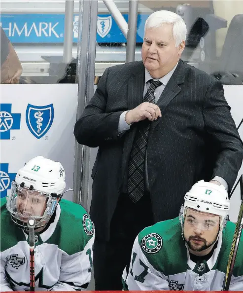 ?? GENE J. PUSKAR / THE ASSOCIATED PRESS FILES ?? Ken Hitchcock, seen here in March with the Dallas Stars, is an Edmonton native and sits third in career coaching wins with 823 behind only Scotty Bowman (1,244) and Joel Quennevill­e (890).