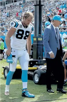  ?? STREETER LECKA/GETTY IMAGES ?? Carolina Panthers’ tight end Greg Olsen walks off the field against the Buffalo Bills during their game at Bank of America Stadium on Sunday, in Charlotte.