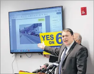  ?? AP PHOTO ?? Carl Demaio, who is leading the Propositio­n 6 campaign to repeal a recent gas tax increase in California, speaks at a news conference Wednesday in Sacramento, Calif. Demaio says he wants a federal investigat­ion into allegation­s that public money is being used to campaign against Propositio­n 6.