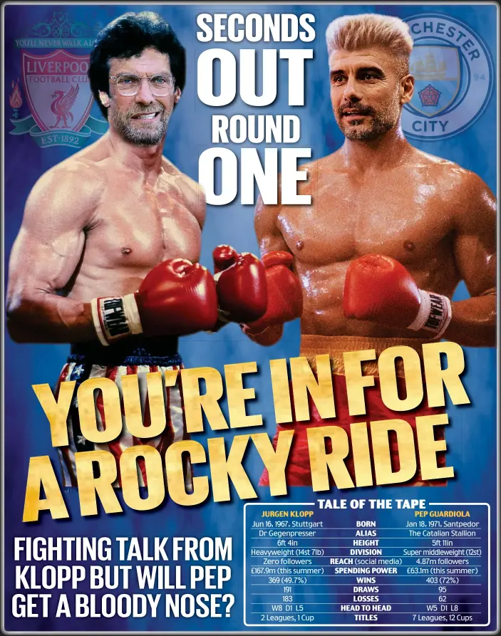  ??  ?? Jurgen Klopp is mocked up as Rocky Balboa and Pep Guardiola takes the role of Soviet Union slugger Ivan Drago from the fourth instalment of the Rocky films