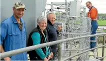  ??  ?? The Lumsdens build most of their farm gear but sometimes need an expert. From left, Roger, Eileen and Malcolm Lumsden and Tag I.T’s John Barends.