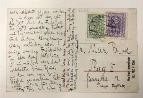  ?? (Cassandra Gomes-Hochberg) ?? THE LAST POSTCARD sent by Franz Kafka to Max Brod, with a note from Dora Dymant.