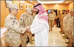  ?? KUNA photo ?? Deputy Prime Minister, Minister of Interior and Acting Minister of Defense Sheikh Talal Khaled Al-Ahmad Al-Sabah during his meeting with the Kuwaiti army leaders at the Land Force headquarte­rs.