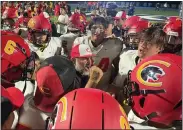  ?? JUSTIN COUCHOT — ENTERPRISE-RECORD ?? Chico High coach Jason Alvistur (center) pumps his fist while talking to his team after the Panthers' 35-0win over Pleasant Valley in Almond Bowl 52on Oct. 13, at Asgard Yard in Chico.