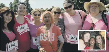  ??  ?? Rose with colleagues and friends at the Burghley Race For Life in 2014 as she recovered from an operation for stomach cancer and, inset, with colleagues Kerry Coupe and Rachel Pishhorn during her time at the Mercury.