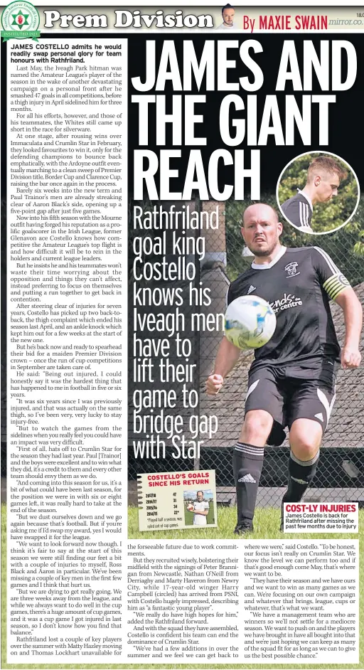  ??  ?? COST-LY INJURIES James Costello is back for Rathfrilan­d after missing the past few months due to injury