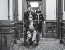  ?? Jay Janner / Associated Press ?? Houston Democrats Armando Walle, left, Garnet Coleman and Ana Hernandez enter the Texas House chamber Thursday.