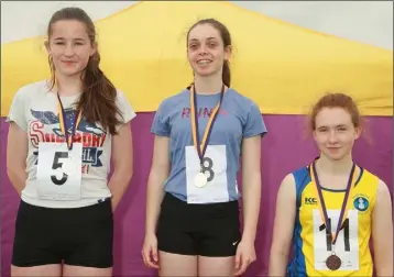  ??  ?? Under-16 girls’ 100m medal winners (from left): Blanaid Fogarty, Enniscorth­y (second), April Keeling, Clonard (first), Hannah Roche-Kelly, Taghmon (third).