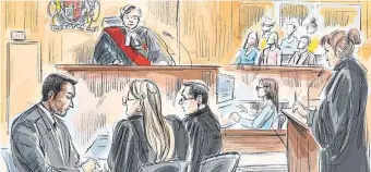  ?? ALEXANDRA NEWBOULD THE CANADIAN PRESS ?? From left, Umar Zameer, defence lawyers Alexandra Heine and Nader Hasan, and Crown attorney Karen Simone as Justice Anne Molloy and jury members look on in Zameer’s trial for first-degree murder in the death of Toronto police Const. Jeffrey Northrup. When Zameer was released on bail last year, the decision was widely denounced. But the trial evidence so far gives reasonable buttress to that decision, writes Rosie DiManno.